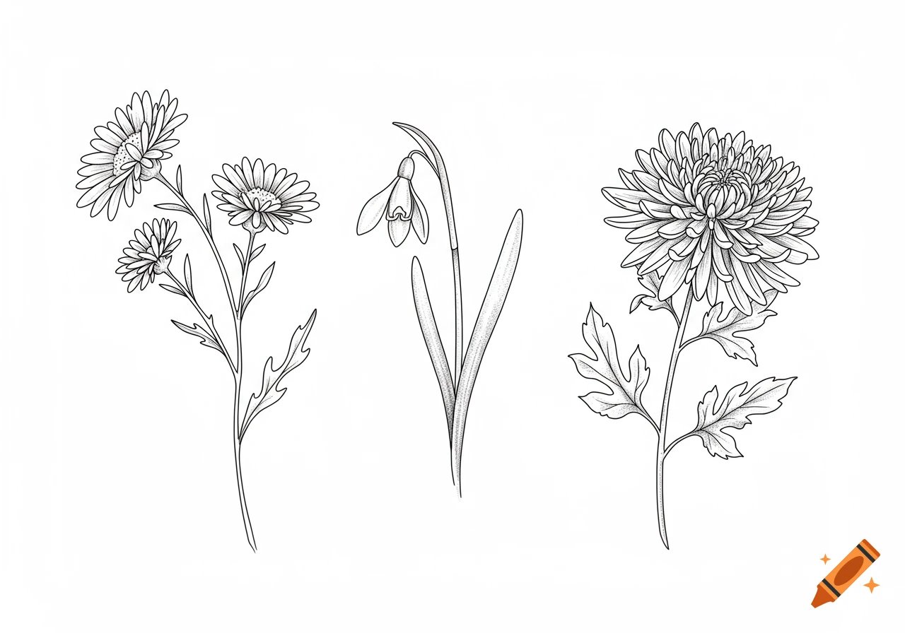 Black fine line drawings of an aster, a snowdrop, and a chrysanthemum on a white background.