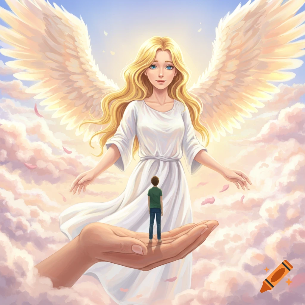 A giant blonde anime angel smiles, holding a tiny man in her hand amidst clouds and a blue sky.