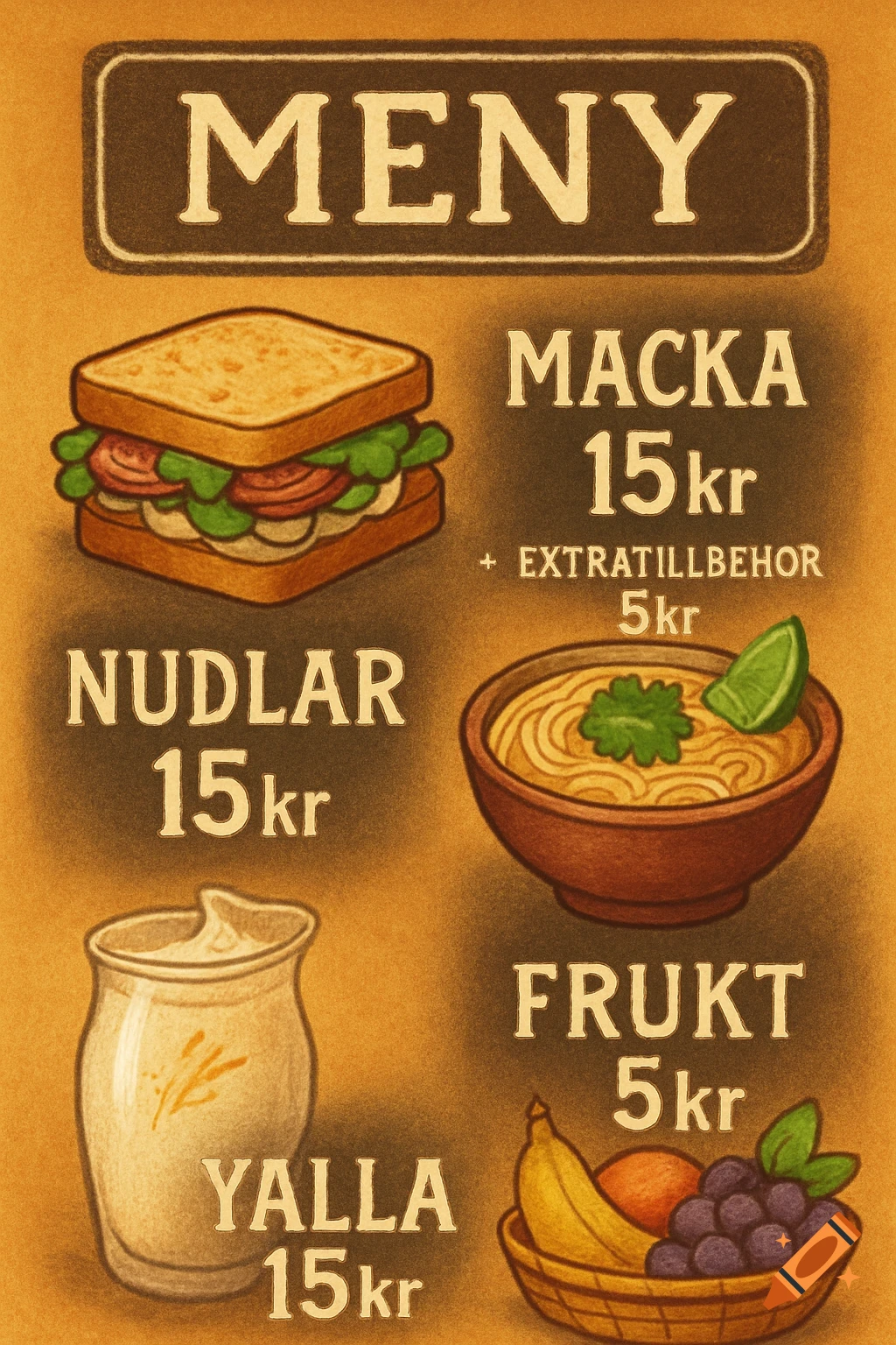 An illustrated menu poster for a cafe, featuring a sandwich, noodles, a yogurt cup, and a fruit basket, with prices listed.