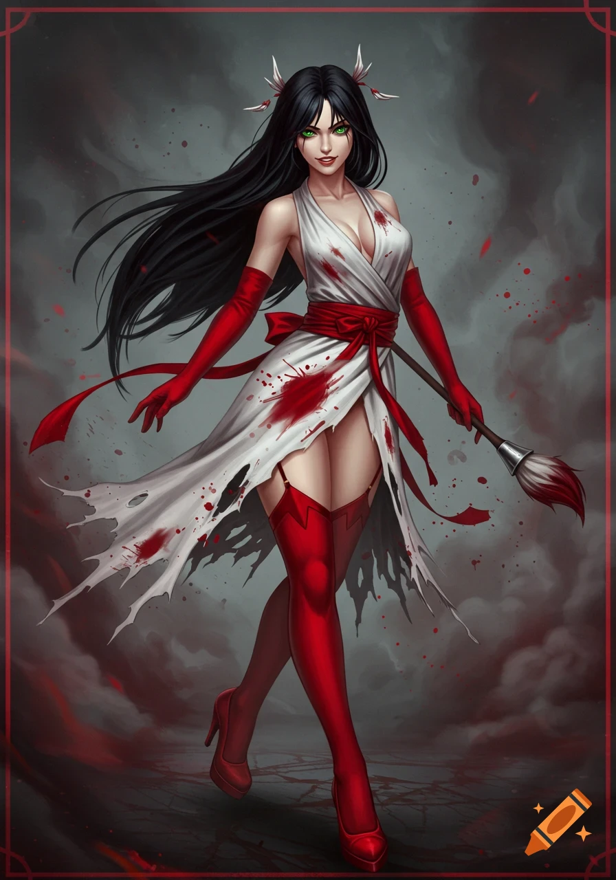 A confident woman with long black hair, green eyes, wearing a tattered, blood-splattered white and red dress, red gloves, and red thigh-high stockings and heels, holding a brush with a red-stained tip, in a digital art style.