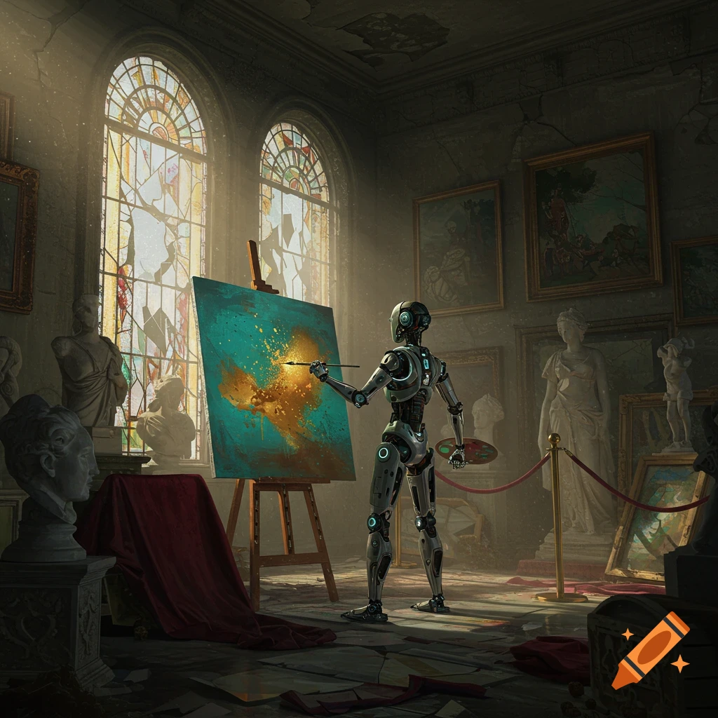 A sleek robot artist paints an abstract masterpiece on an easel in a decaying, grand museum with broken stained glass windows and sculptures.