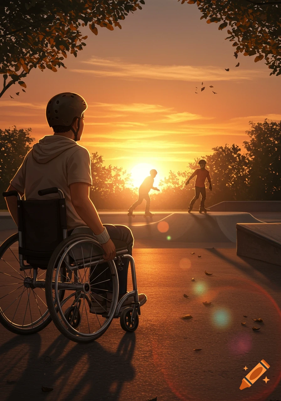 Digital art of a person in a wheelchair watching rollerbladers at a skatepark during sunset.