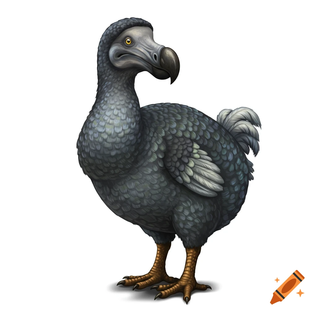 A detailed illustration of a dodo bird with dark grey feathers, a pale grey head, a large dark beak, and orange feet, standing on a plain white background.