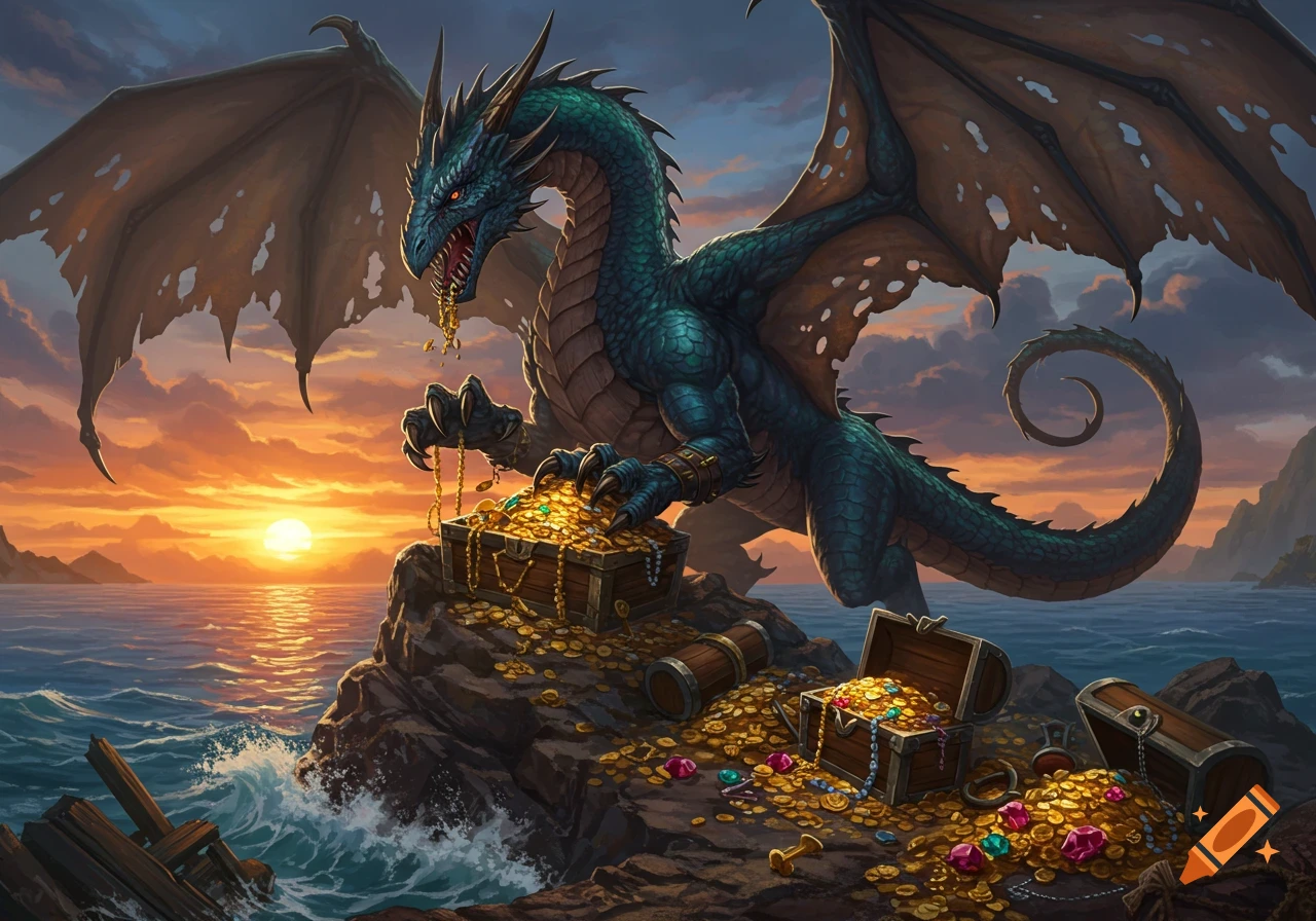 A detailed fantasy art illustration of a teal dragon guarding overflowing treasure chests on a rocky outcrop by the ocean at sunset.
