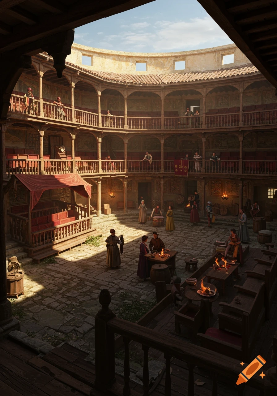 A detailed view of a 16th-century Spanish 'corral de comedias' courtyard, with tiered wooden balconies and people in period attire.