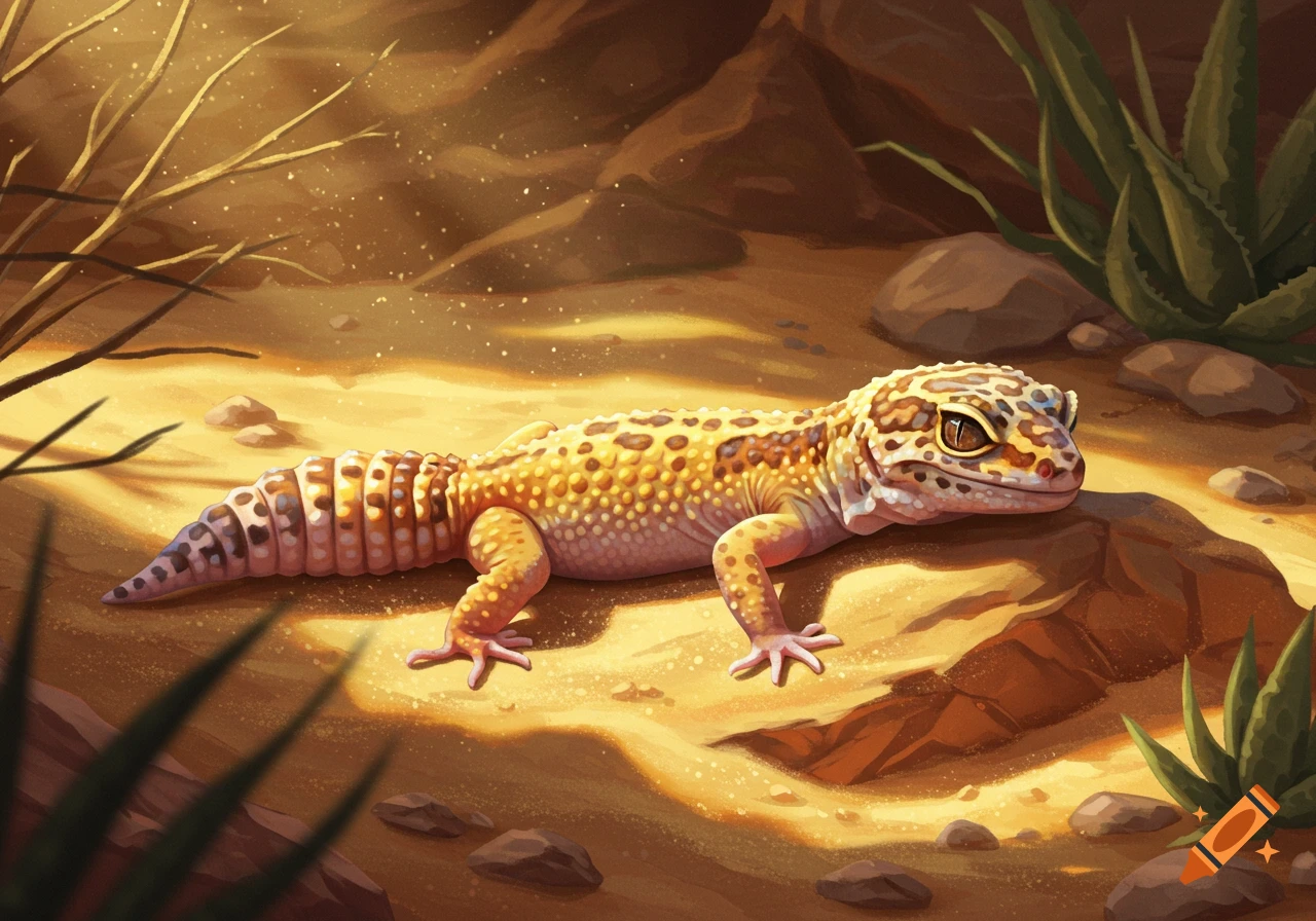 A colorful leopard gecko with spotted skin rests on warm, sandy ground amidst rocks and sparse desert plants, illuminated by sunlight.