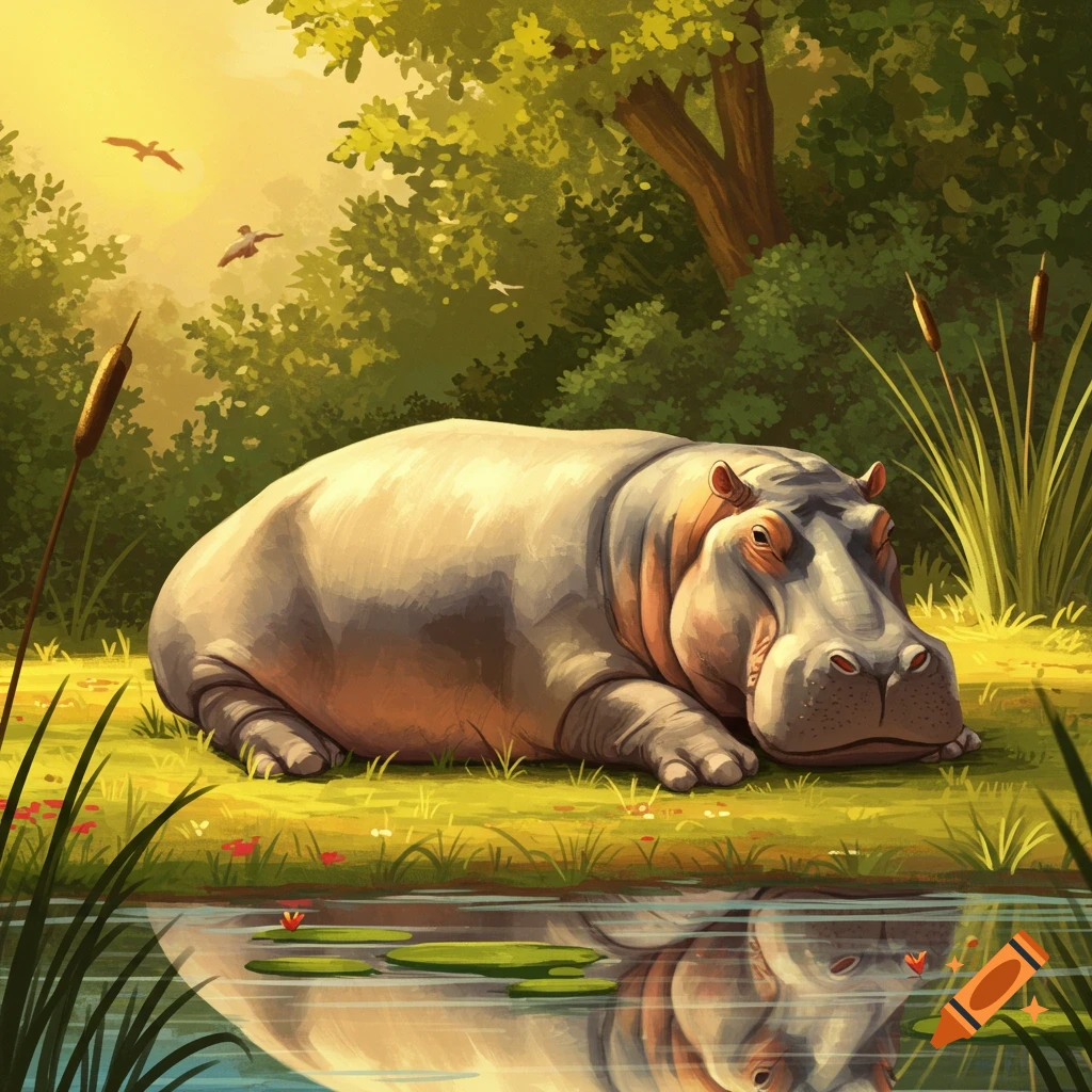 An illustrated hippopotamus rests by a reflective pond with lily pads and tall grasses, surrounded by lush trees under a warm sunset sky.