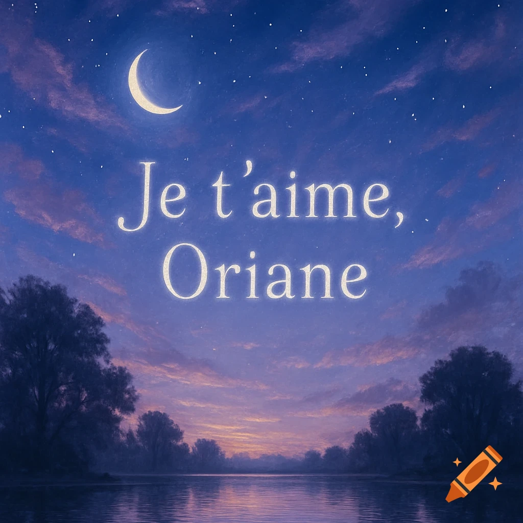 A celestial night landscape with a crescent moon and stars over a lake, bordered by trees, with 'Je t'aime, Oriane' written in the sky.