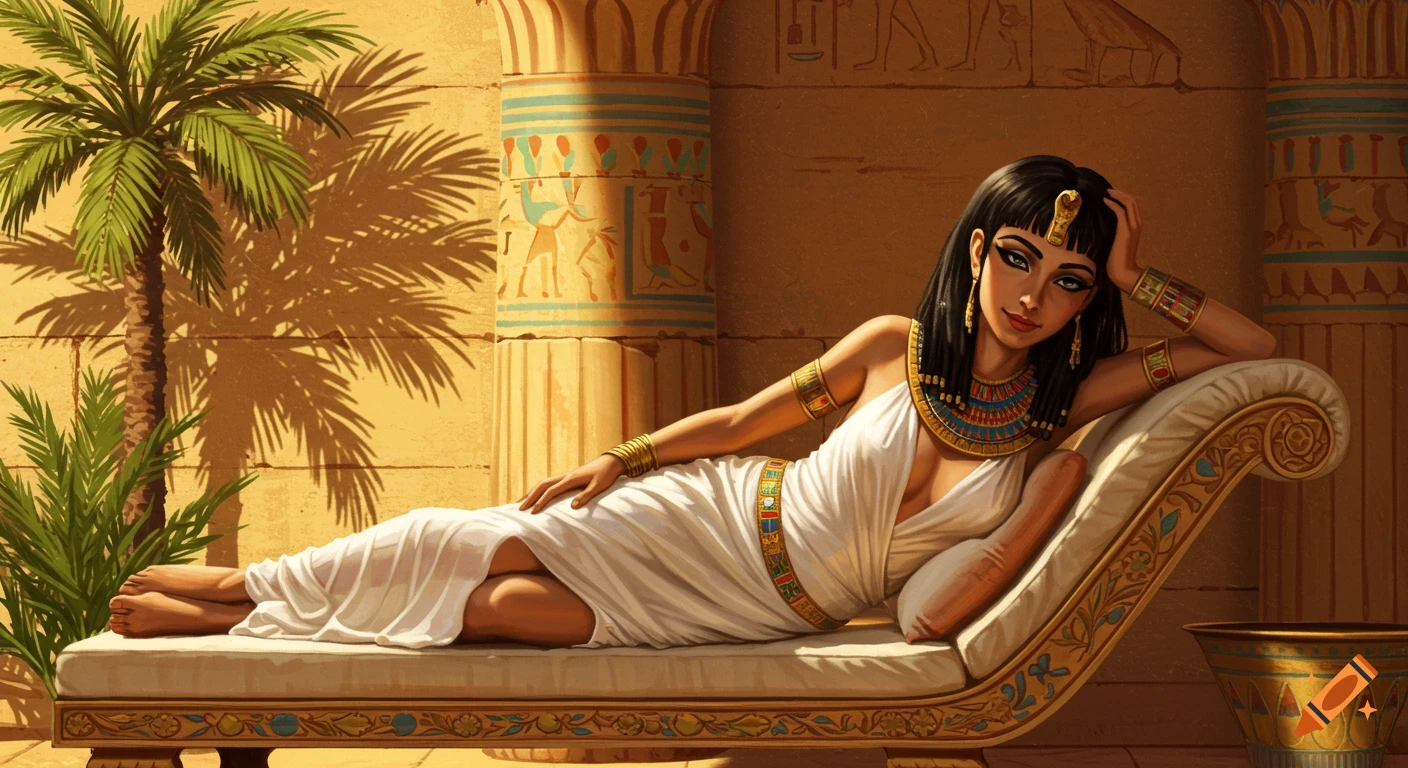An illustrative depiction of Cleopatra reclining on a lounge in a sunny Egyptian temple setting with columns and a palm tree.