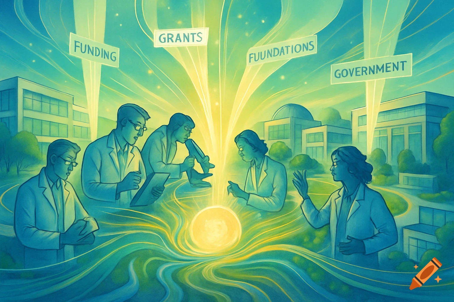 Stylized illustration of five researchers in lab coats, surrounded by glowing energy flowing towards a central orb. Floating signs read "FUNDING", "GRANTS", "FUUUNDATIONS", and "GOVERNMENT". Buildings are in the background.