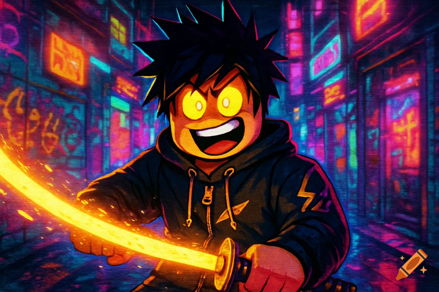 A Roblox-style anime character with spiky hair and glowing eyes holds a bright katana in a vibrant neon cityscape.