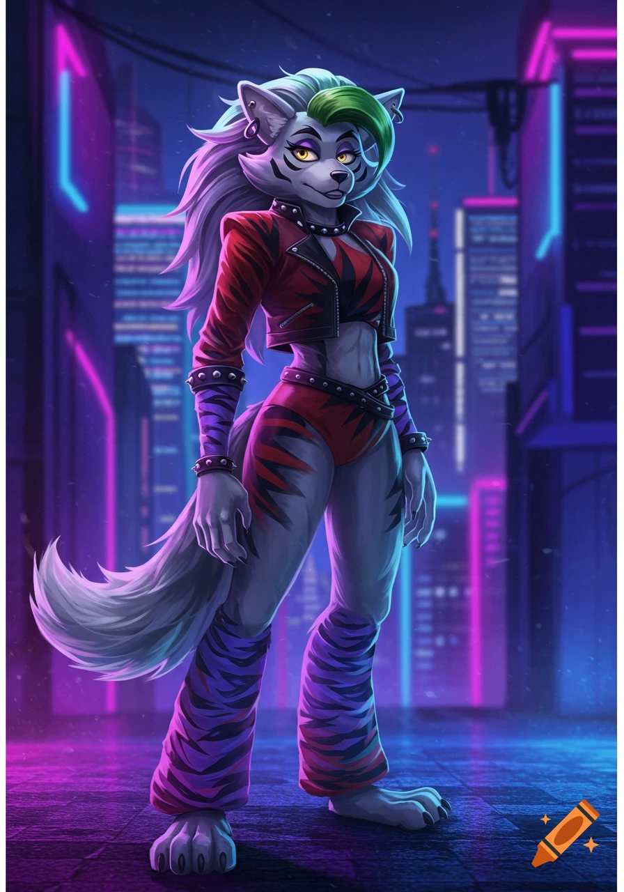 An anthropomorphic wolf character, Roxanne Wolf, in her signature outfit stands in a neon-lit cyberpunk city alley.