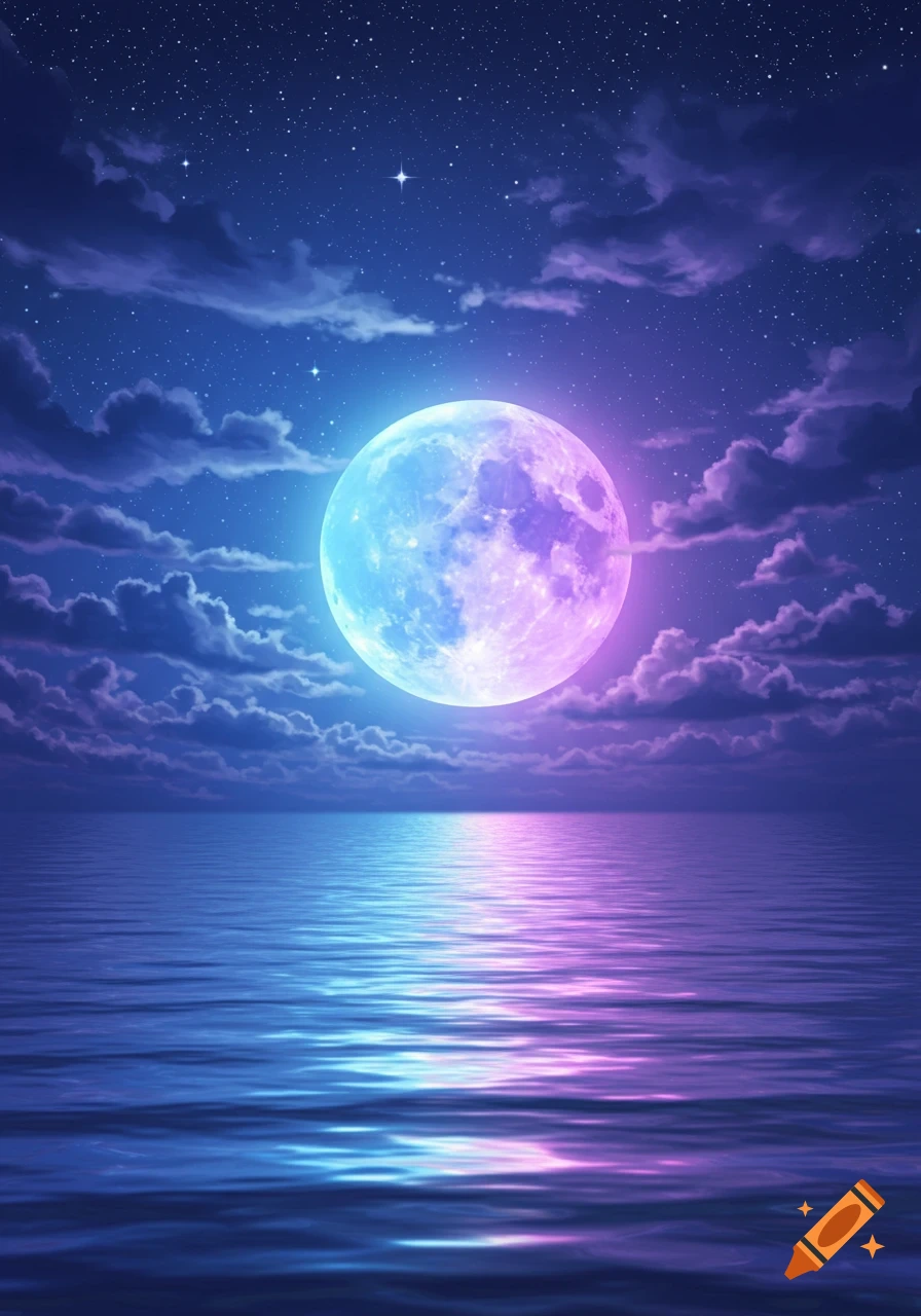 A vibrant blue and purple glowing moon reflects on water under a starry night sky with clouds.