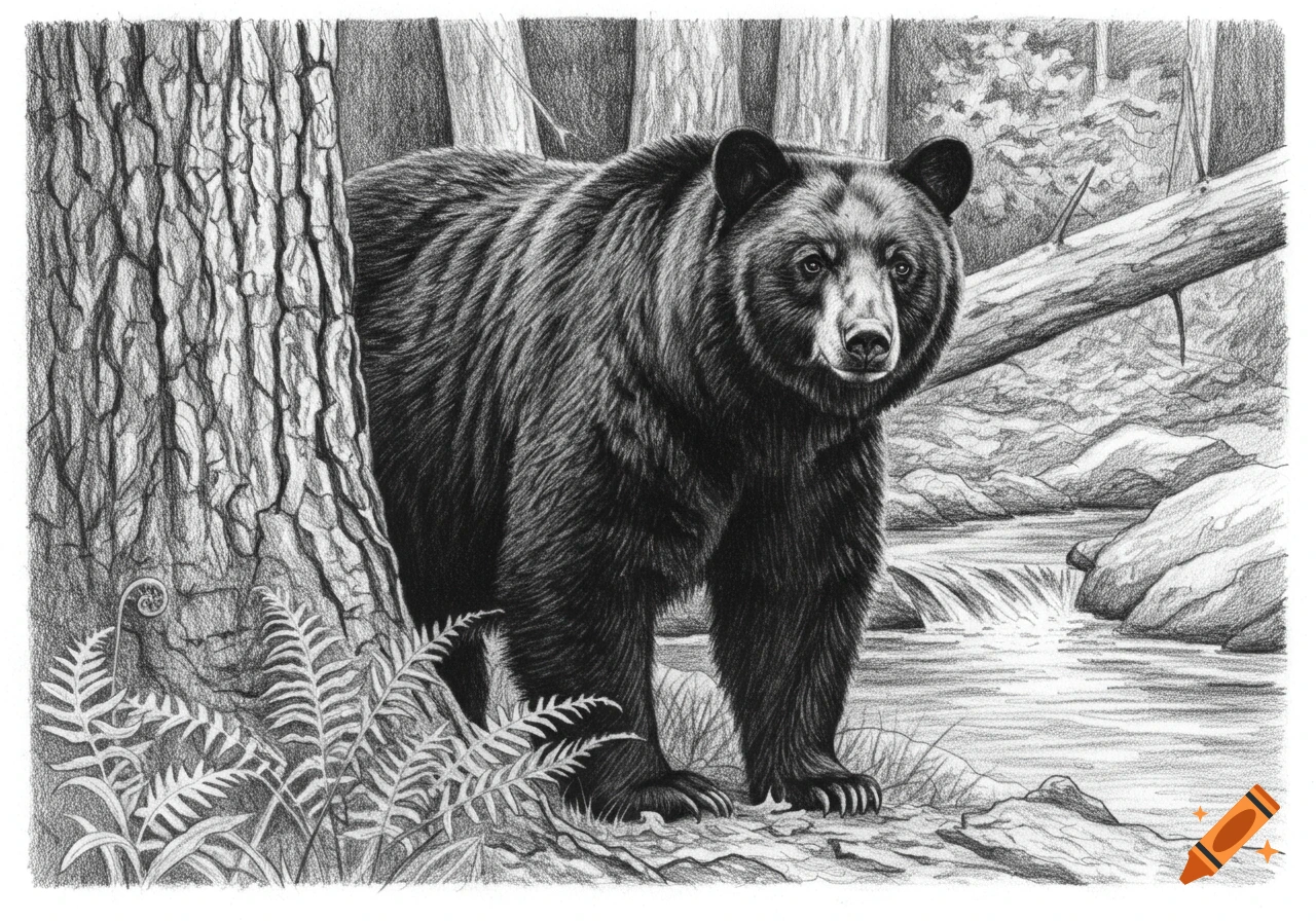 Pencil sketch of a black bear standing in a forest next to a stream, looking forward.