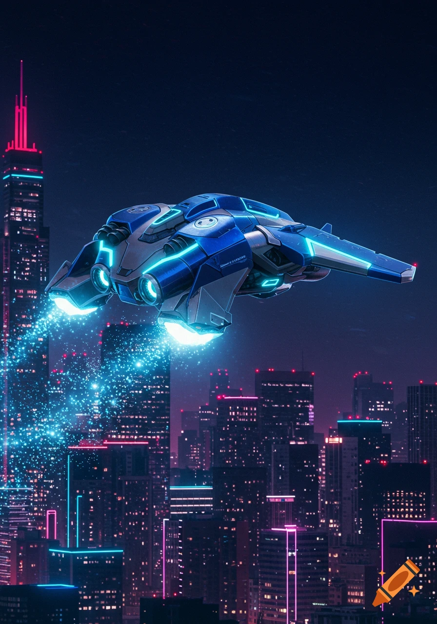 A blue and silver futuristic spaceship with glowing blue thrusters flies over a neon-lit cityscape at night, leaving a sparkling trail.