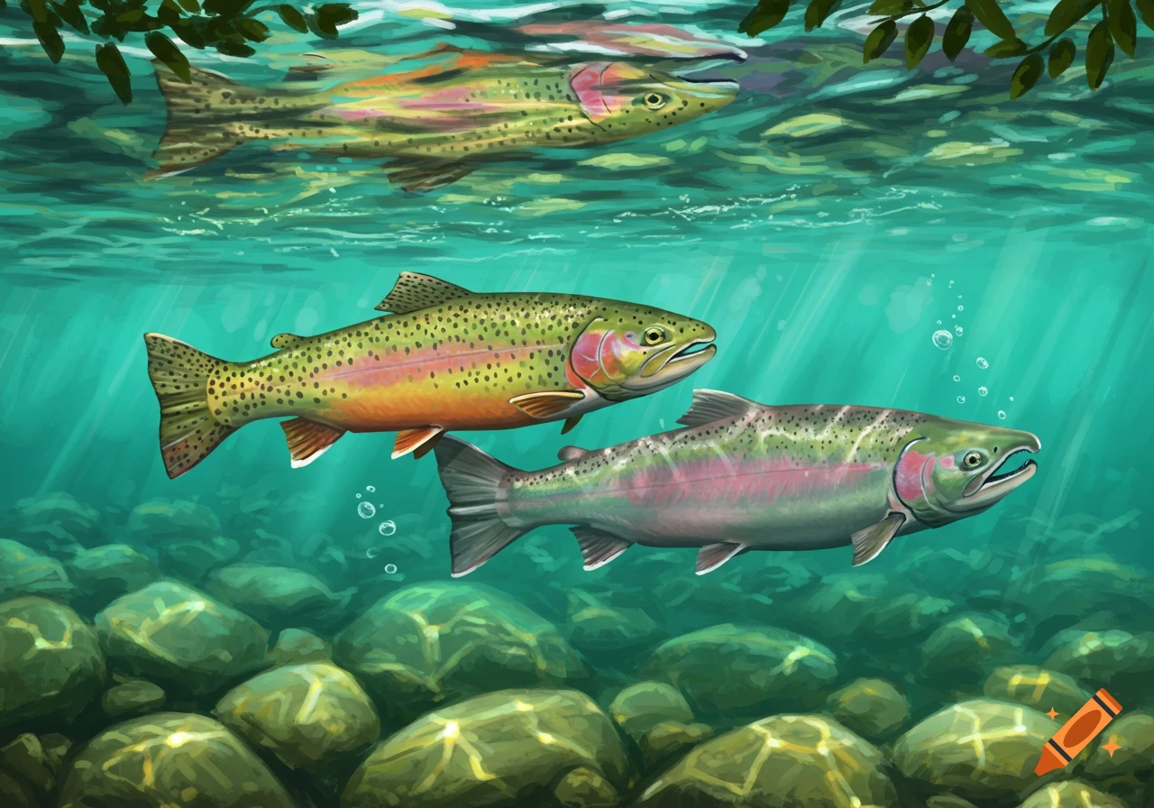 Three colorful trout and salmon swim in clear green-blue river water with sun rays and rocks.
