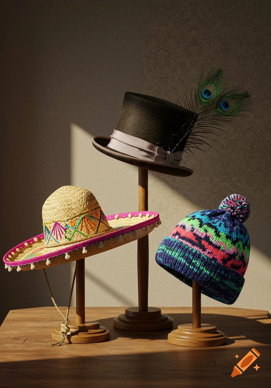 A straw sombrero, a black top hat with peacock feathers, and a colorful knitted beanie displayed on wooden stands on a table.