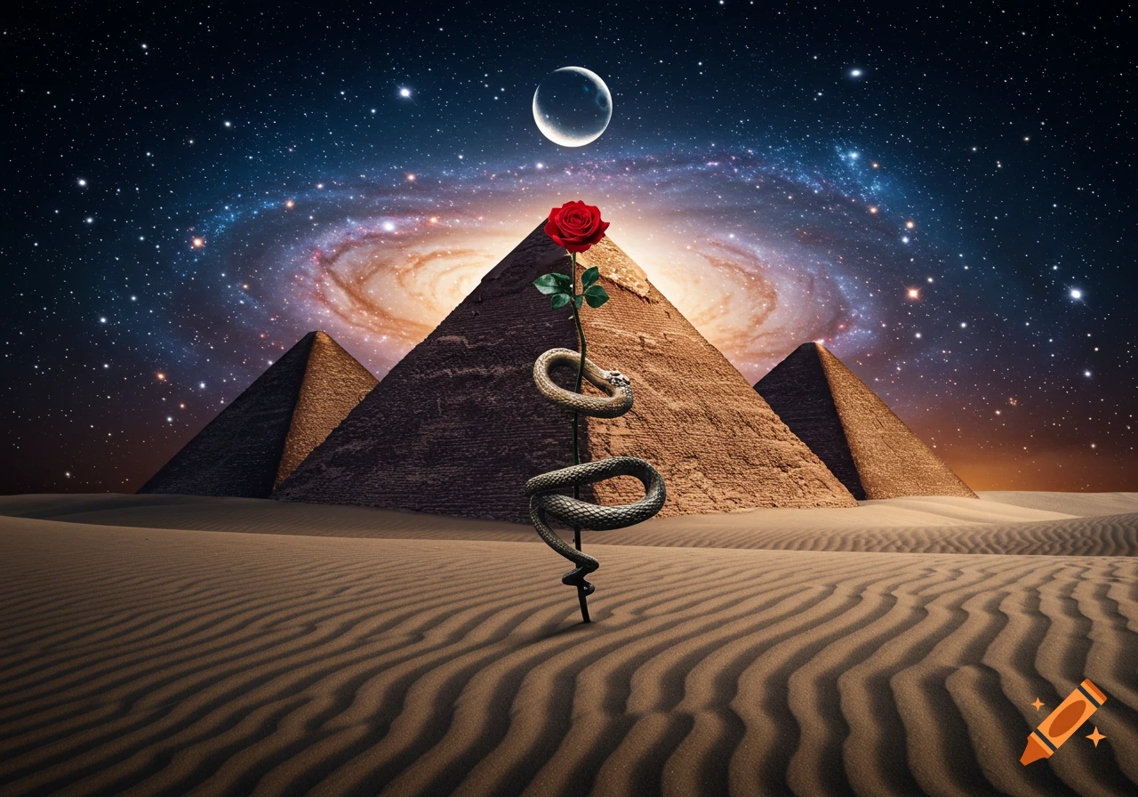 A red rose with a snake coiled around its stem stands in a desert with pyramids under a starry galaxy and crescent moon.