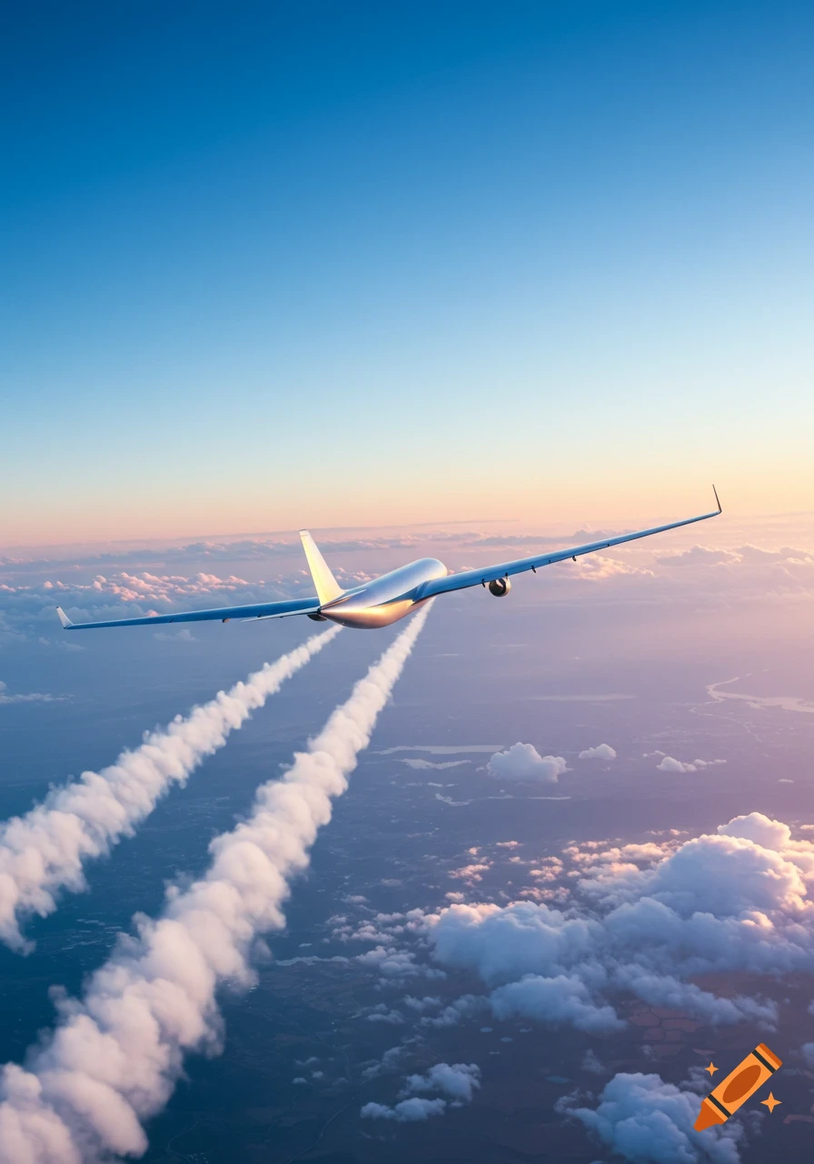 A white airplane flies above clouds at sunrise or sunset, leaving contrails in a blue and pink sky.