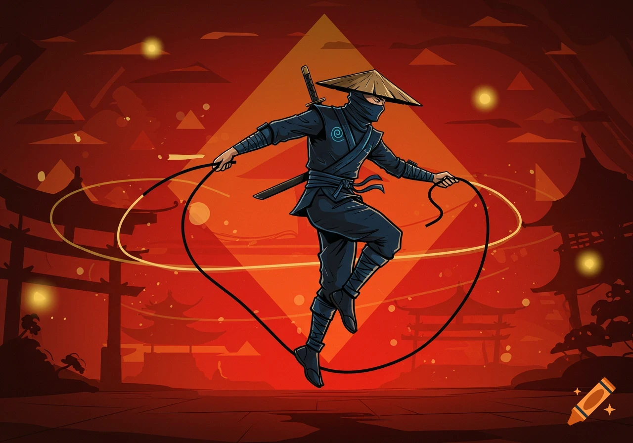 A stylized ninja in a straw hat and mask jumps rope against a red and orange background with Japanese temples.