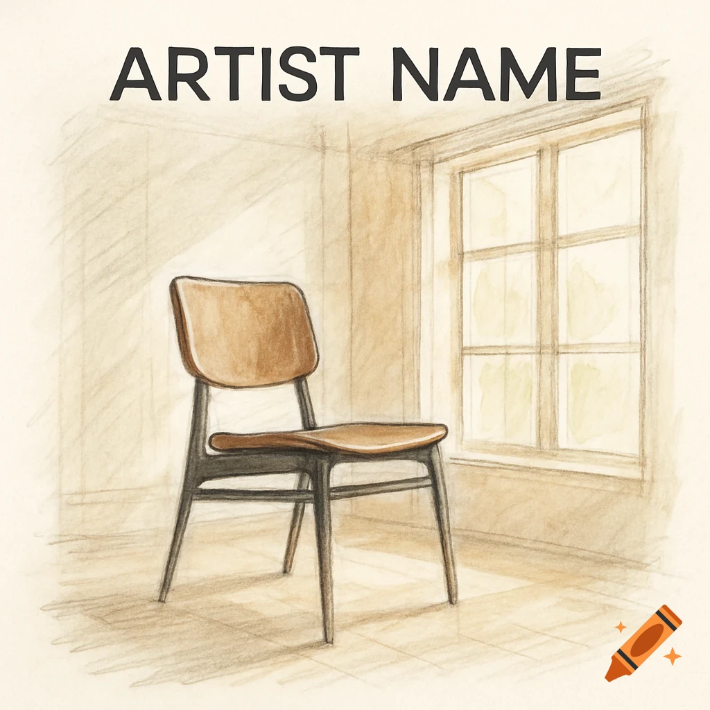 A colored pencil sketch of a wooden chair in a room with a window, with "ARTIST NAME" text above it.