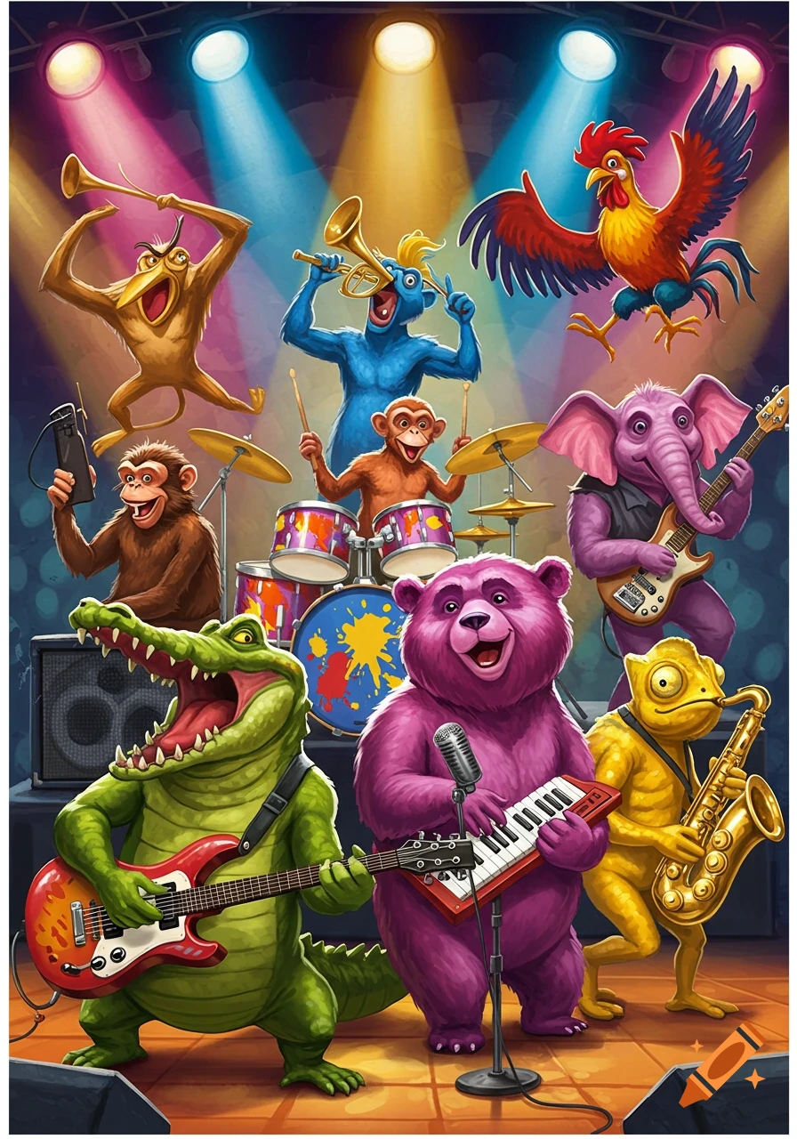 A colorful cartoon animal rock band, including a crocodile, bear, chameleon, monkeys, elephant, and rooster, plays instruments on a vibrant stage under spotlights.