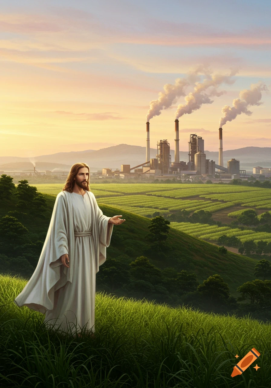 Jesus on a grassy hill gesturing towards an industrial factory with smoking chimneys and green fields at sunset.