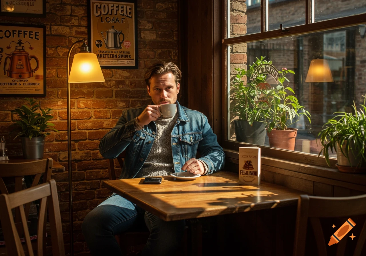 A man in a denim jacket sips coffee at a table in a rustic brick-walled cafe, bathed in sunlight.