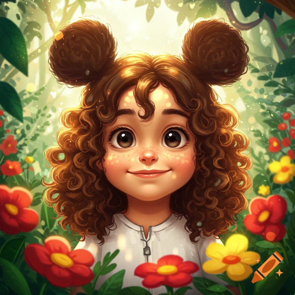 Vibrant cartoon illustration of a smiling child with curly hair in Mickey Mouse buns, surrounded by colorful flowers and glowing foliage.
