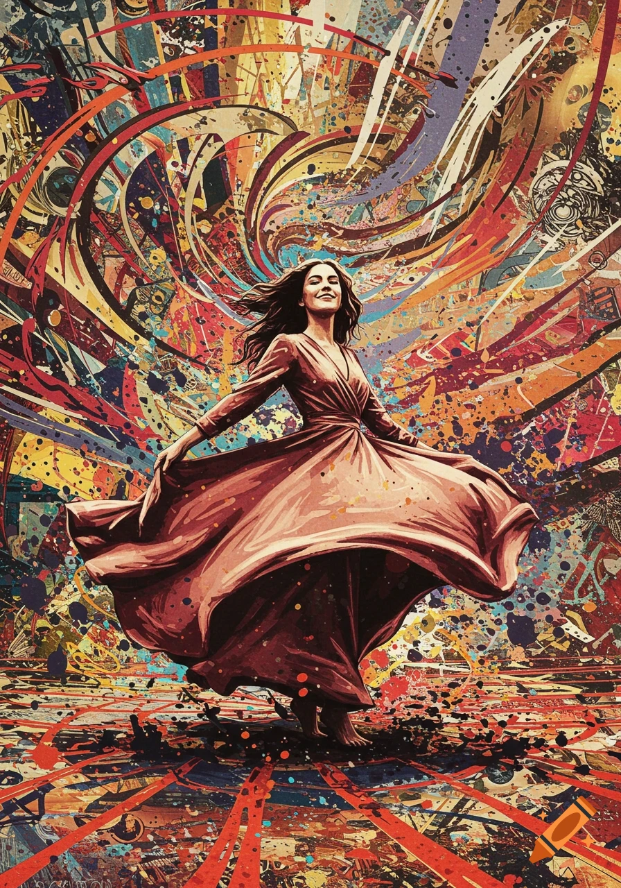 A woman in a long reddish-brown dress twirls joyfully amidst an explosive, colorful abstract background with paint splatters and swirling lines.