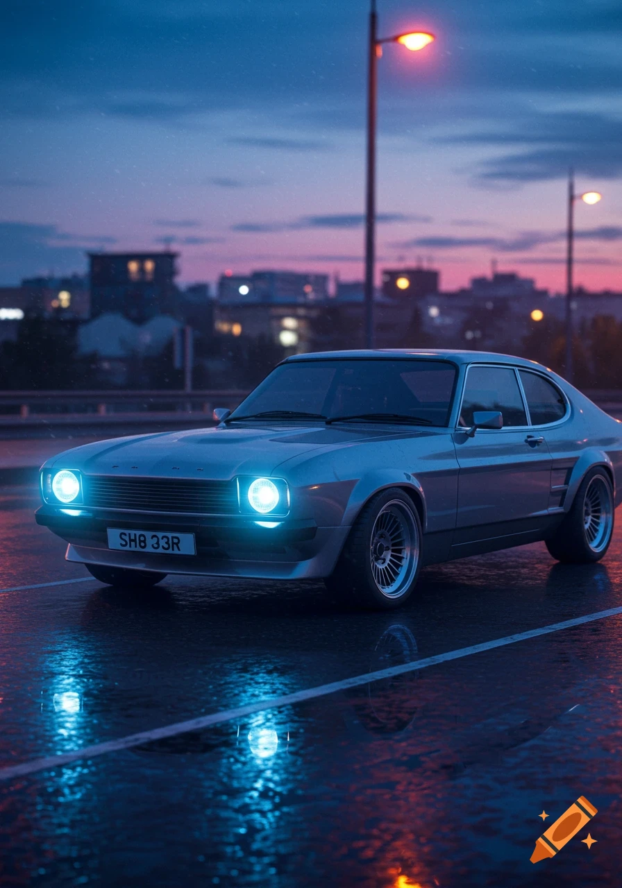 A silver Ford Capri car with glowing blue headlights parked on a wet road at dusk, reflecting streetlights and city buildings in the background.