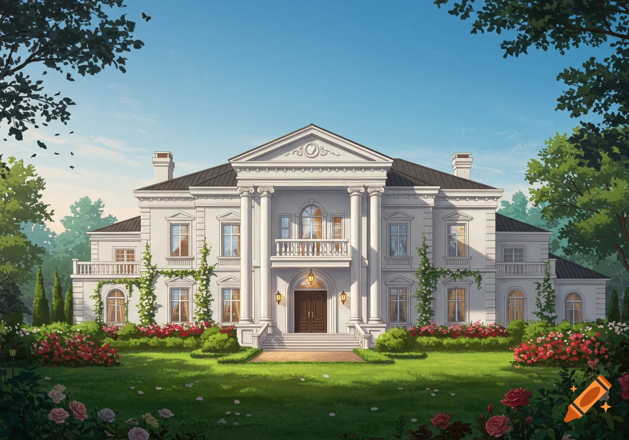 A grand white house with columns, a pediment, a green lawn, and rose bushes, framed by trees under a clear blue sky.