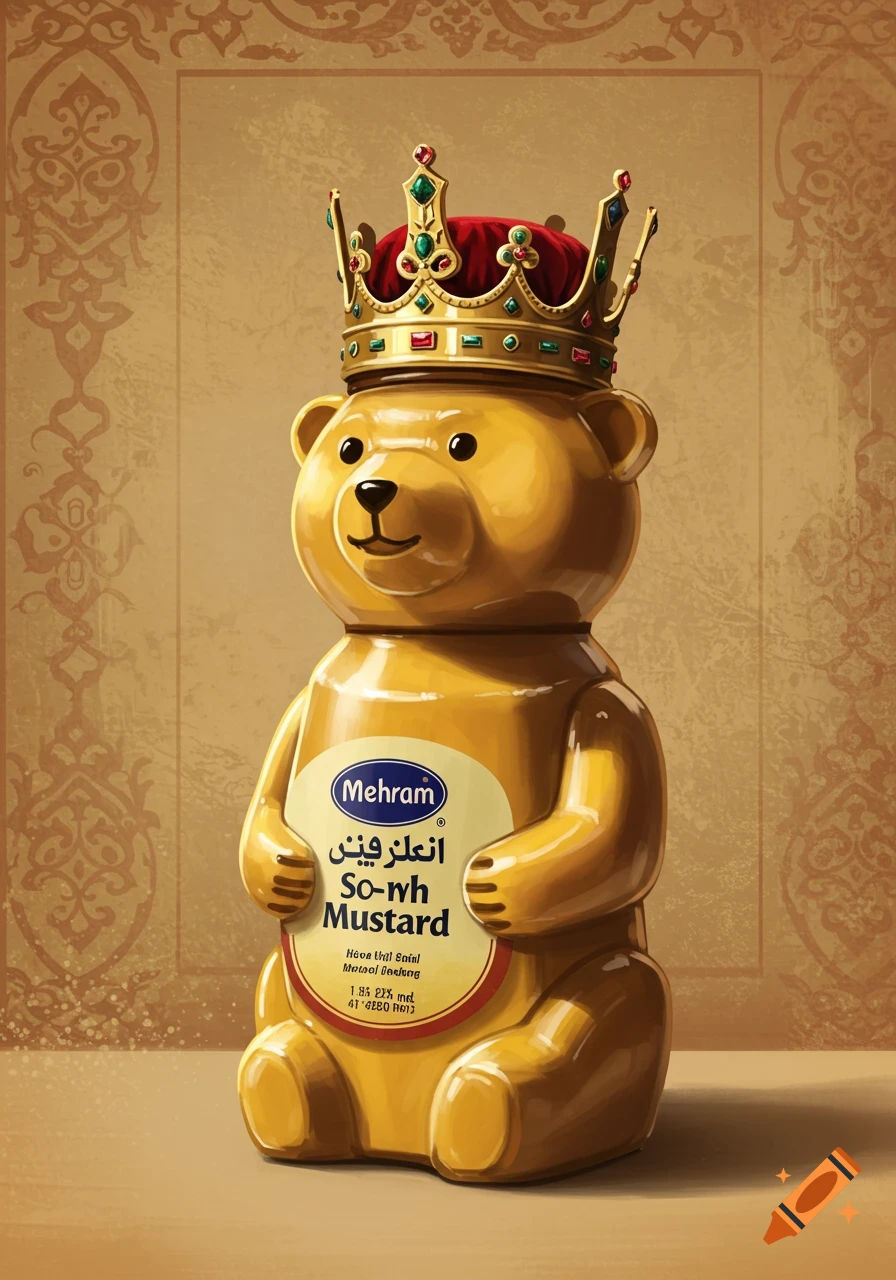 A stylized golden bear-shaped mustard bottle wearing an elaborate gold and jeweled crown, set against a brown patterned background.