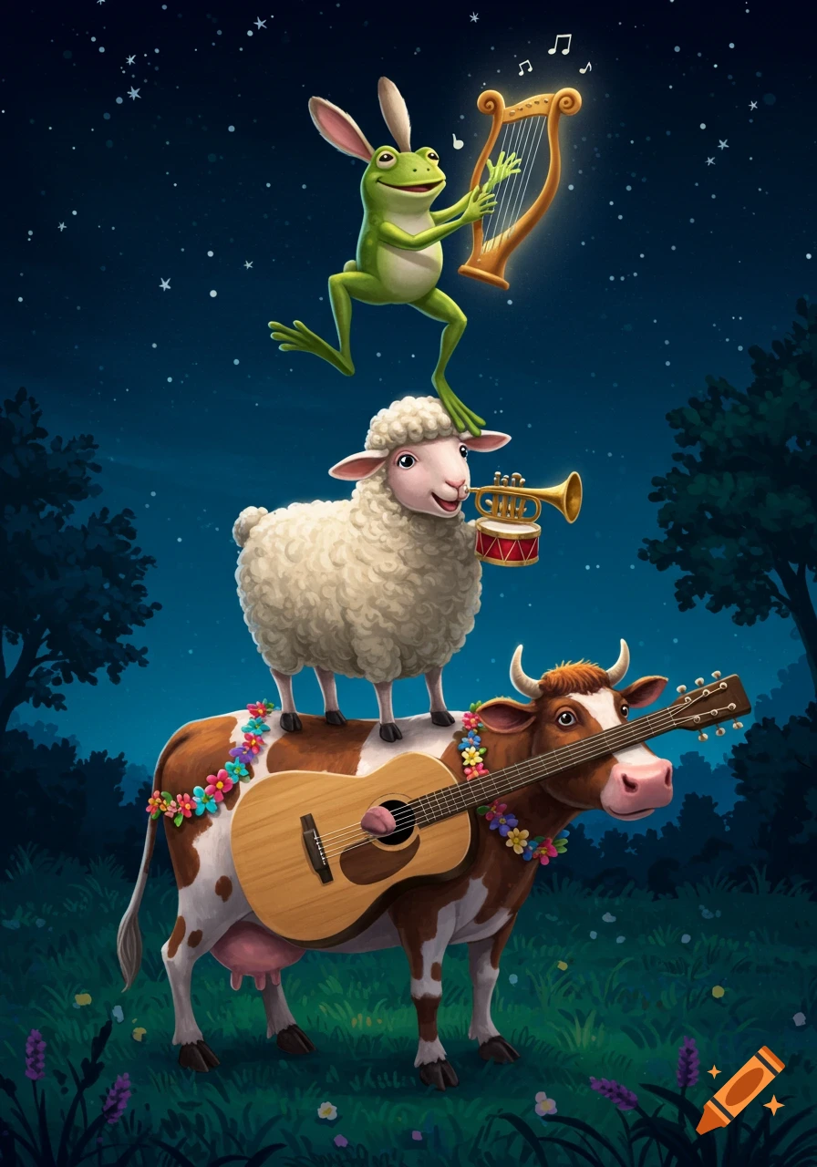 A cartoon cow, sheep, and frog with rabbit ears are stacked in a pyramid, playing a guitar, trumpet, and harp at night.