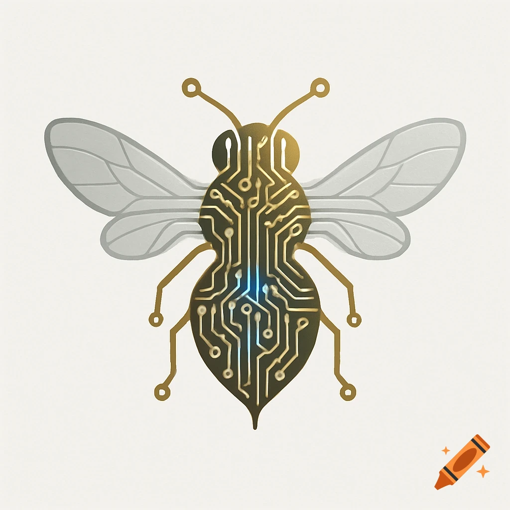 A stylized illustration of a bee with its body resembling a golden circuit board, featuring a blue glow, on a white background.