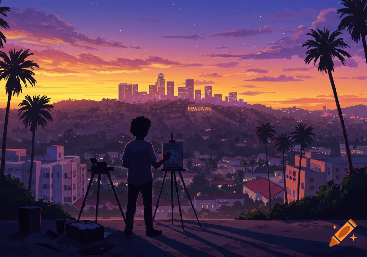 An anime-style image of a person painting a vibrant sunset over the Los Angeles cityscape with the Hollywood sign and palm trees.