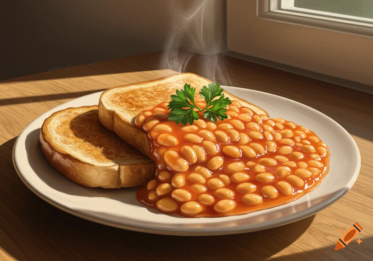 Steaming hot baked beans on two slices of golden toast, garnished with parsley, on a white plate on a wooden table near a window.