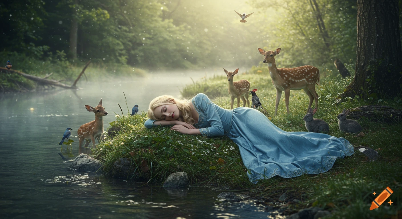 A blonde princess in a blue dress sleeps by a misty river, watched by deer, rabbits, and birds in a photorealistic forest.