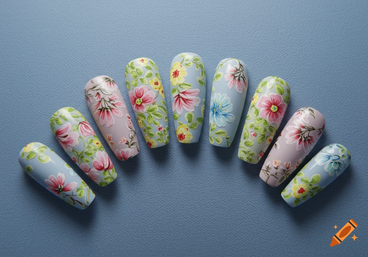 An arrangement of false nails, each with unique light blue and pastel floral designs, on a blue background.