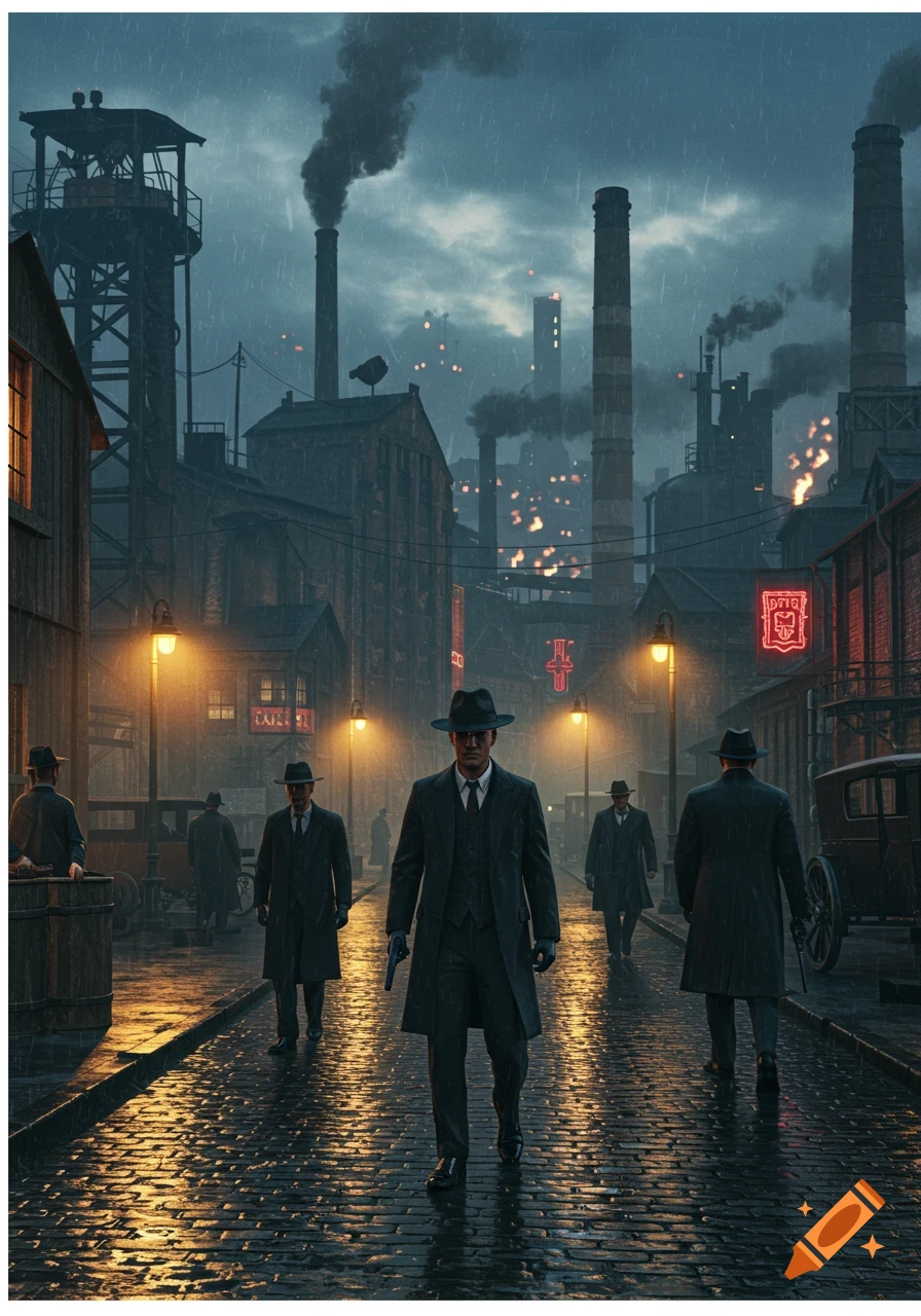 Men in fedoras and trench coats walk on a rainy cobblestone street in a dark, industrial city with smoking factories.