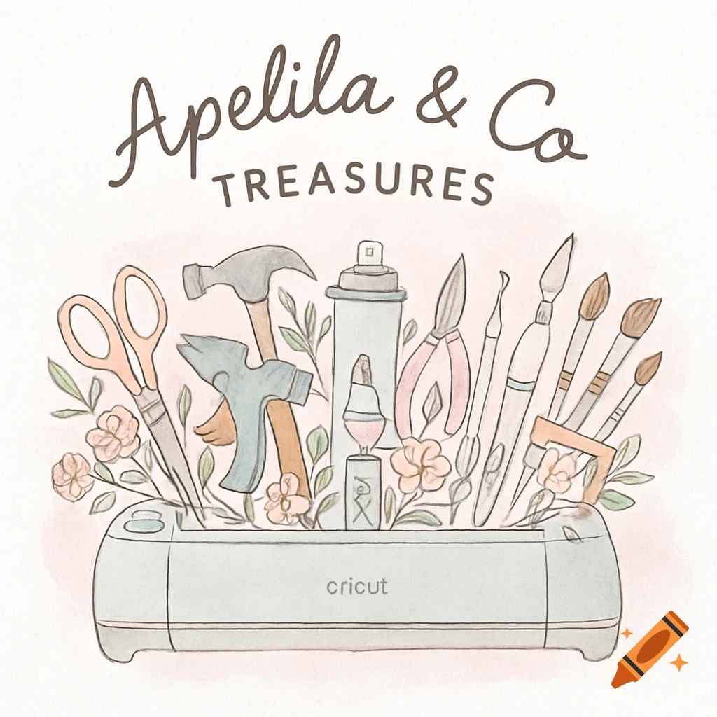 A hand-drawn watercolor logo for Apelila & Co Treasures, showing a Cricut machine surrounded by crafting tools and pastel floral elements.