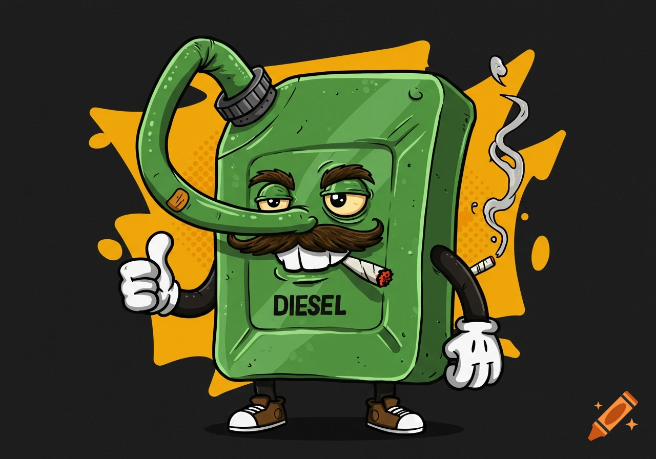 A cartoon green diesel fuel can character with a long nose spout, mustache, smoking a joint, and giving a thumbs up.