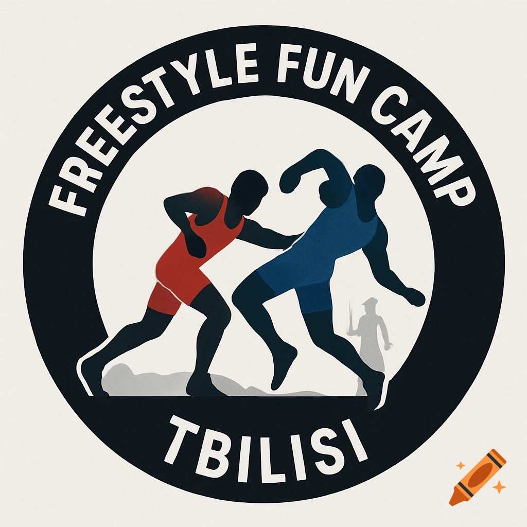 Circular logo with two silhouetted wrestlers, one in red and one in blue, with 'Freestyle Fun Camp Tbilisi' text.
