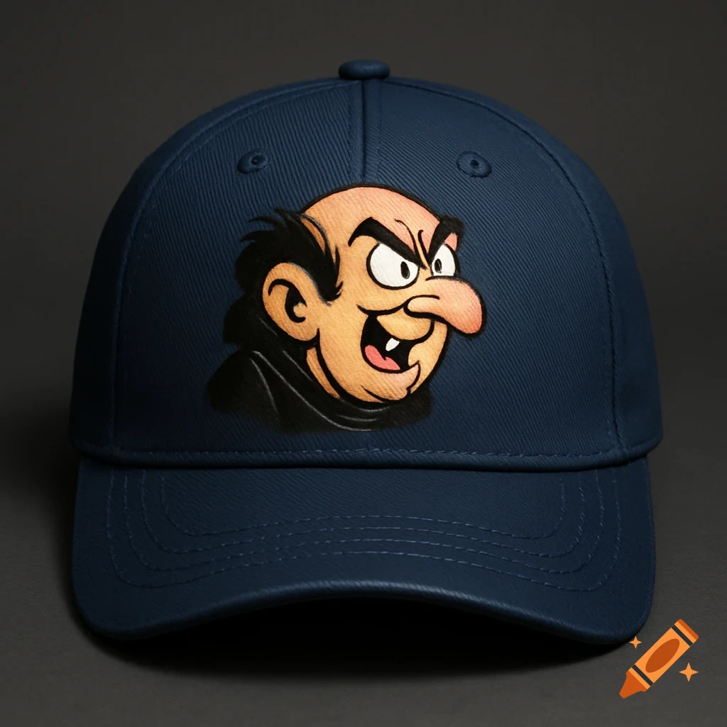 A dark blue baseball cap featuring a cartoon illustration of Gargamel with an angry, smiling expression.