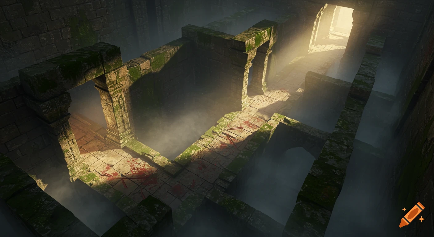 Overhead view of a mossy stone labyrinth interior with thick fog, warm reddish light, and mysterious red stains on the ground.