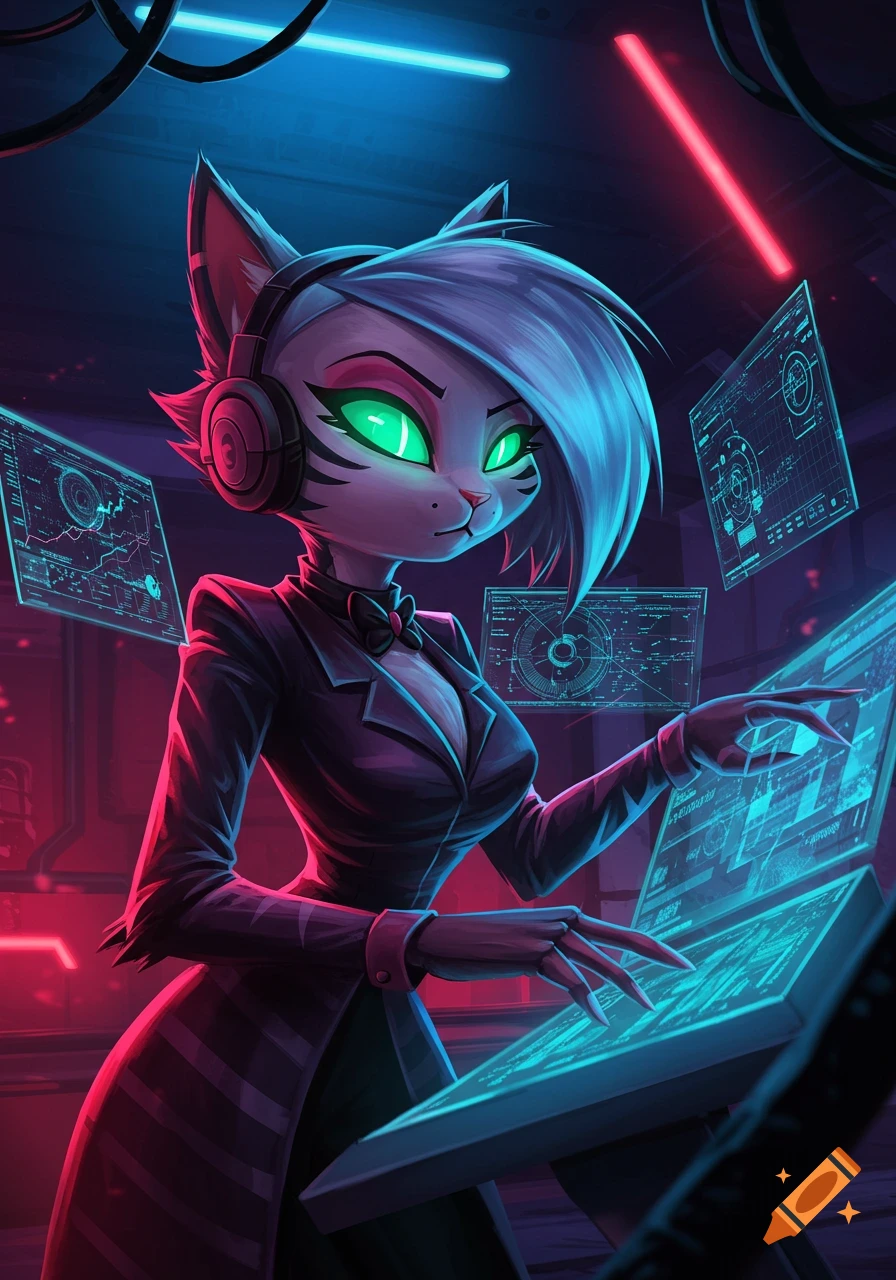 An anthropomorphic cat wearing headphones and a suit, with glowing green eyes, interacts with futuristic holographic screens in a dark, neon-lit room.