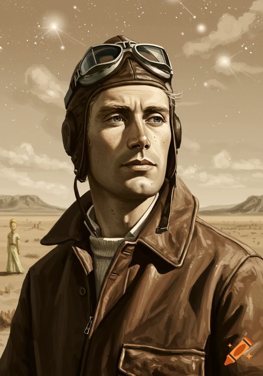 Illustration of a pilot in a brown leather jacket and goggles, looking up, with a small figure in a desert landscape under a starry sky.