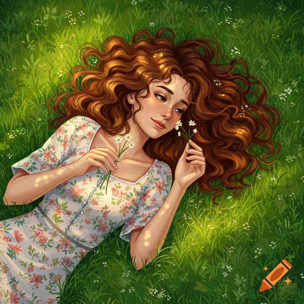 Digital illustration of a young woman with wavy brown hair lying in sunny green grass, holding white flowers.