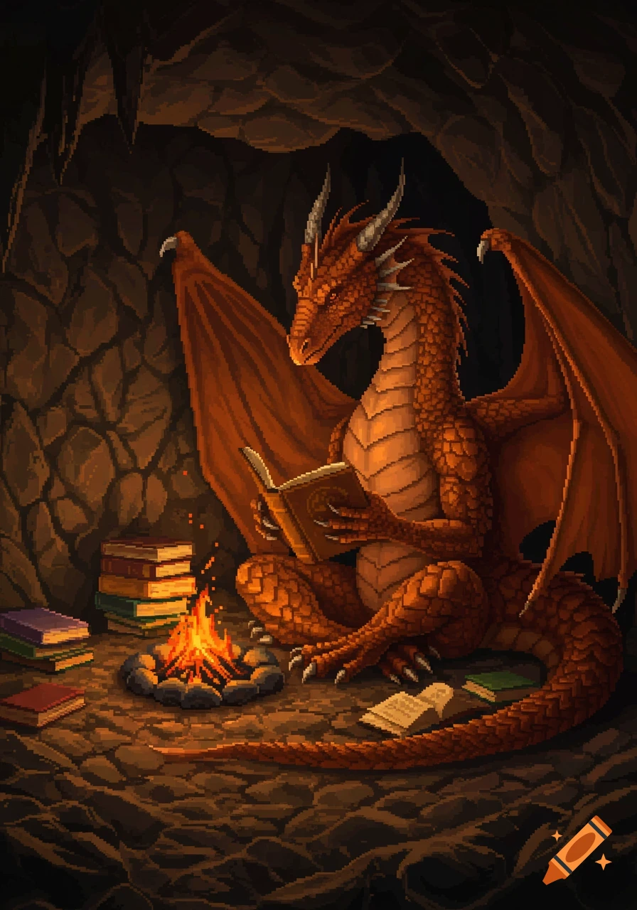 A detailed pixel art image of a red dragon reading a book by a campfire in a dark cave, surrounded by stacked books.