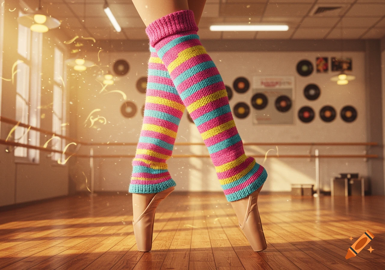 Legs in pink, yellow, and blue striped leg warmers and ballet pointe shoes in a sunlit dance studio with wooden floors and barres.